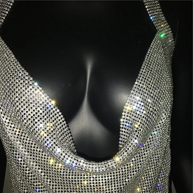 Robe de soirée sexy pour femme Bling Diamante, en cristal et strass, dos nu, pour festival, cocktail, soirée, rave.