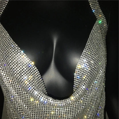 Robe de soirée sexy pour femme Bling Diamante, en cristal et strass, dos nu, pour festival, cocktail, soirée, rave.