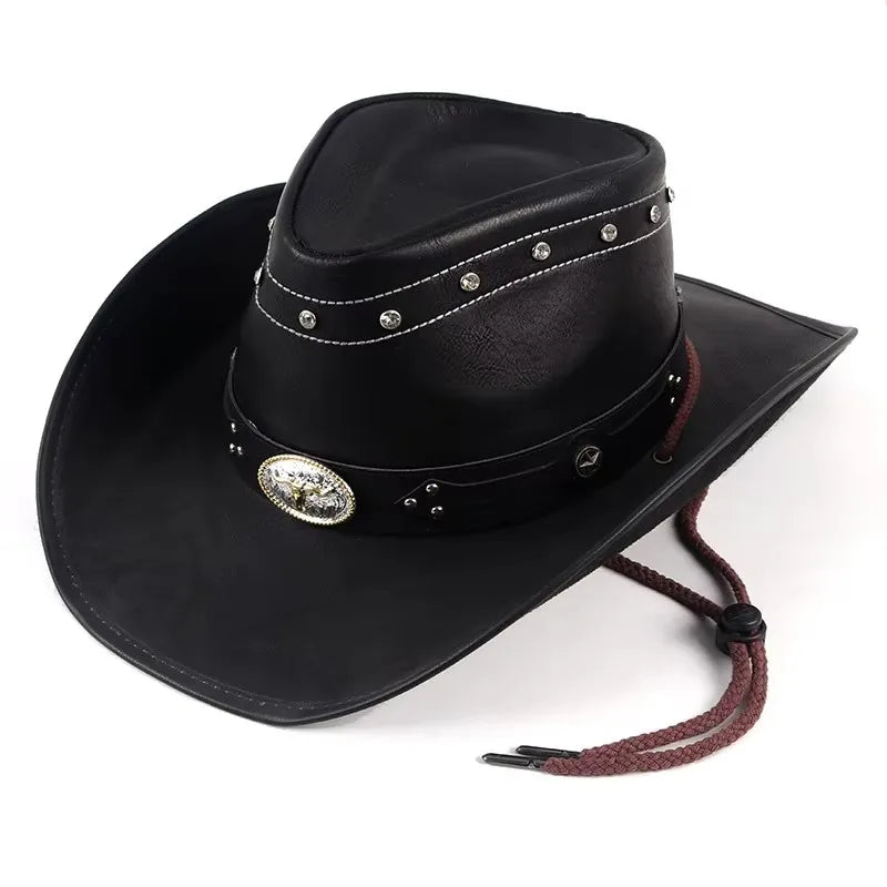 Chapeau de Cowboy occidental classique pour hommes et femmes, casquette de Cowgirl en Faux cuir noir, décontracté pour l'extérieur, Sombrero Hombre avec corde coupe-vent