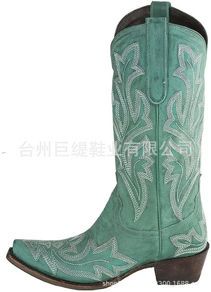 Embroidery Cowboy Boots For Women Knee High Med Calf Vintage Western Cowgirl Boots Women Heeled Casual Shoes Autumn Block Heel