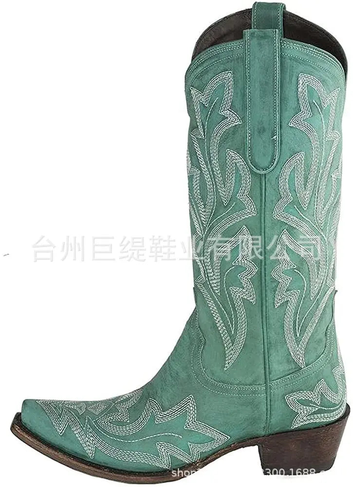 Embroidery Cowboy Boots For Women Knee High Med Calf Vintage Western Cowgirl Boots Women Heeled Casual Shoes Autumn Block Heel