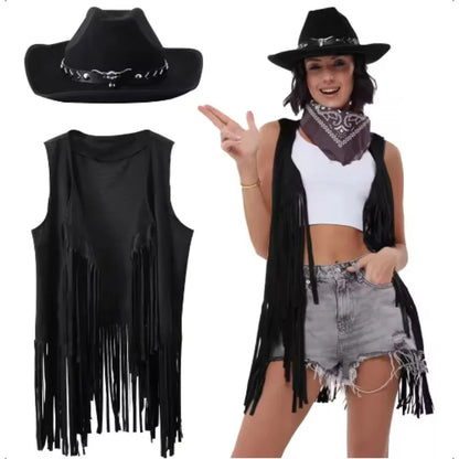 Women's Cowgirl Costume 3 Pcs Faux Suede Fringe Vest with Rivets Cowboy Hat Carnival Party Outfit Clubwear