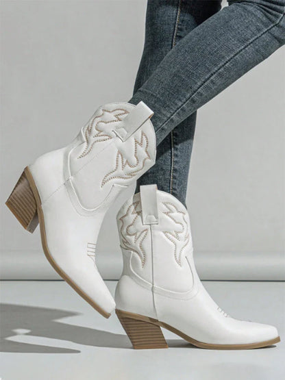 Aneikeh Autumn Winter Vintage Embroidered Large Western Cowboy Boots New Style Coarse Heel Pointed Ankle Barrel Knight Boots