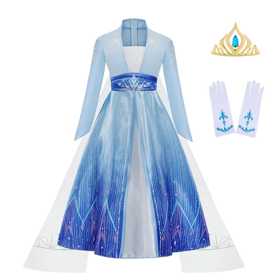 Déguisement Elsa pour Fille, Fête d'Anniversaire, Robe de Princesse Bleue à Manches Longues, Vêtement de Carnaval pour Enfants