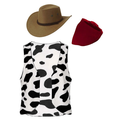 Mens Western Cowboy Cosplay Costume Suit with Hat And Print Bandanna Cow Printed Flannel Waistcoat for Halloween Carnival Party