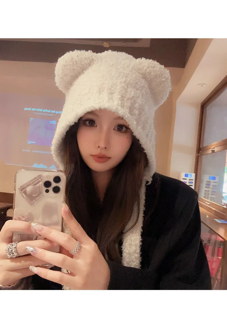 Chapeau en laine avec oreilles d'ours pour femme, bonnet de protection des oreilles à lacets, bonnets de bombardier pour l'extérieur, chaud, mode, cadeau de nouvel an, automne, hiver