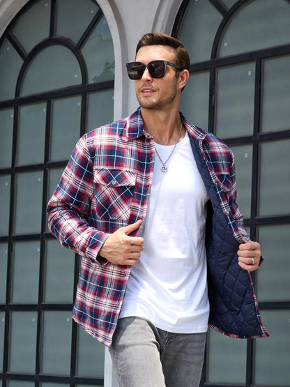TACVASEN Winter Plaid Cotton Jackets Mens Long Sleeve Quilted Lined Flannel Shirt Jacket Multi-Pockets Outwear Hiking Coats Tops
