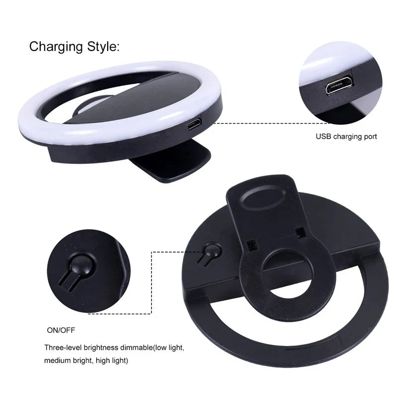 Mini Anneau Lumineux LED Rechargeable, Éclairage à 3 Niveaux, pour Téléphone, Tablette et Ordinateur Portable