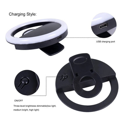 Mini Anneau Lumineux LED Rechargeable, Éclairage à 3 Niveaux, pour Téléphone, Tablette et Ordinateur Portable