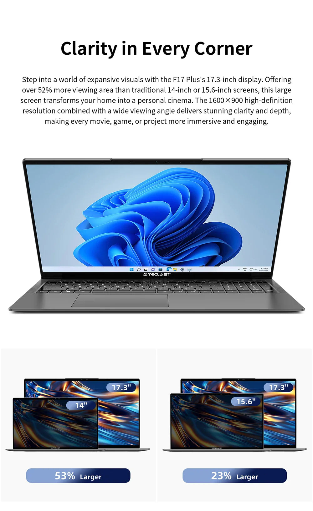 Teclast F17Plus Laptop 17.3 inch, 16GB RAM 512GB SSD, Intel N95, Windows 11 Pro Notebook, 180° Flip Laptops Computer, Backlit Keyboard, mini-HDMI，USB 3.2x3