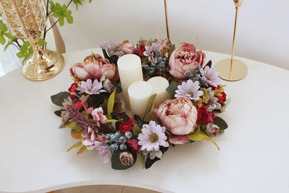 Artificial Retro Peony Flower Wreath 35CM Candlestick Wreath Christmas Halloween Decorative Flower Wedding Home Decor