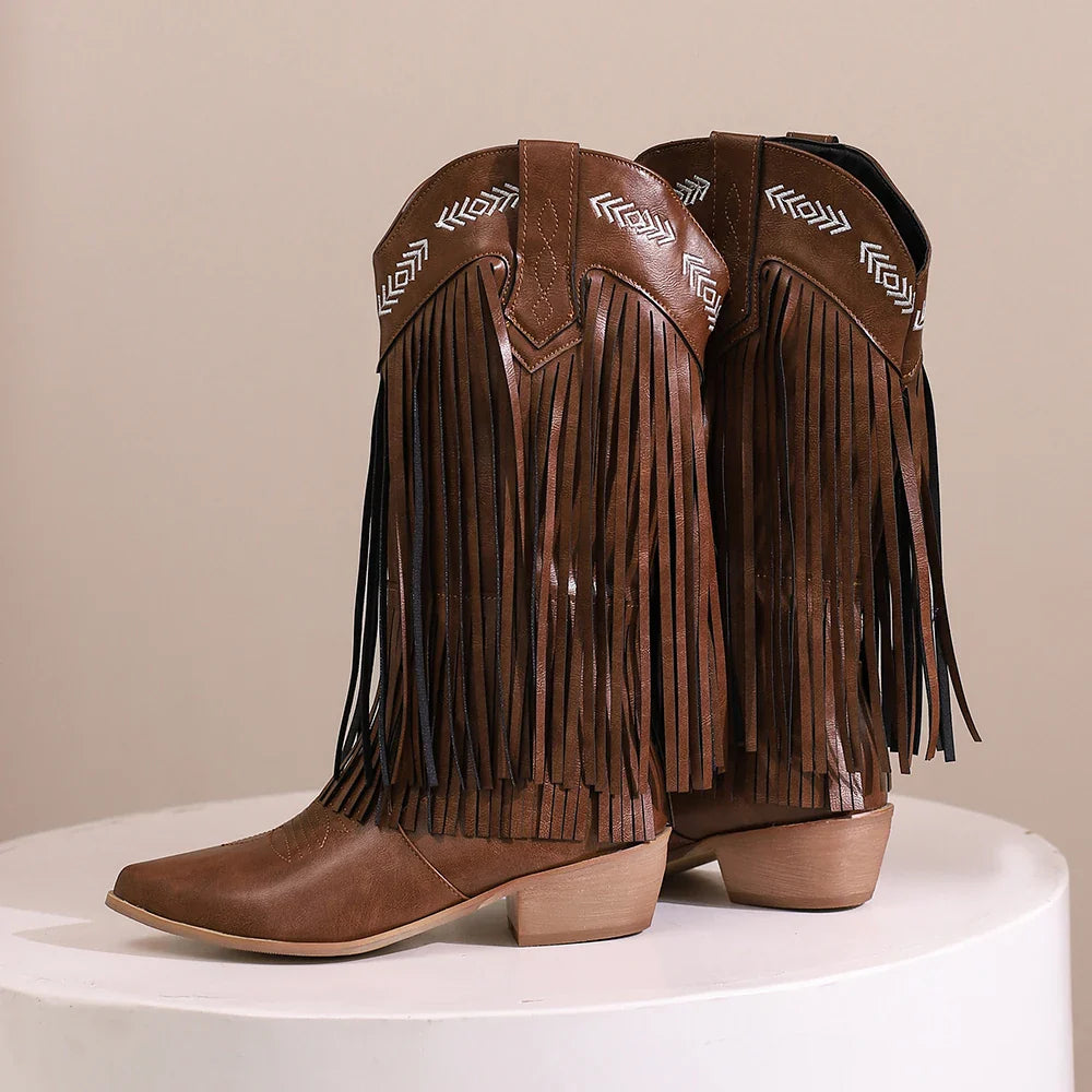 Bottes de cowboy pour femmes, brodées, à glands, talons épais, bout pointu, roses, de style western, bottes compensées sans lacets pour femme
