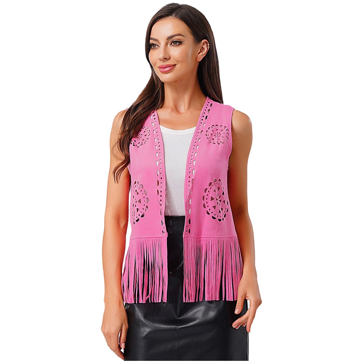 Costume de Cosplay Hippie pour femmes, Cowgirl occidentale, Vintage, débardeur à franges ajourées, gilet à franges, gilet Disco des années 70 en Faux daim