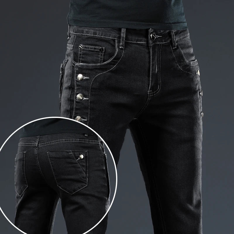 Slim Skinny Jeans Men New Elastic Korean Design Fashion Multi-Button Blue White Vintage Wash Cotton Stretch Denim Pants Trousers