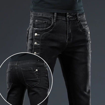Slim Skinny Jeans Men New Elastic Korean Design Fashion Multi-Button Blue White Vintage Wash Cotton Stretch Denim Pants Trousers