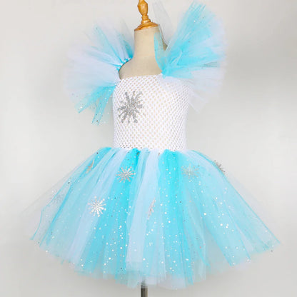 Elsa Costume for Girls Glitter Fancy Princess Dress Up Clothes Snowflake Tulle Tutu Dress Kids Halloween Birthday Dresses Outfit