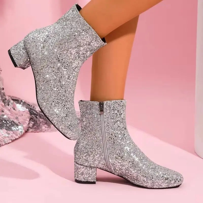 Bottes à paillettes et sequins pour femmes, avec fermeture éclair, talons épais, bottines à bout rond, chaussures de soirée pour femmes