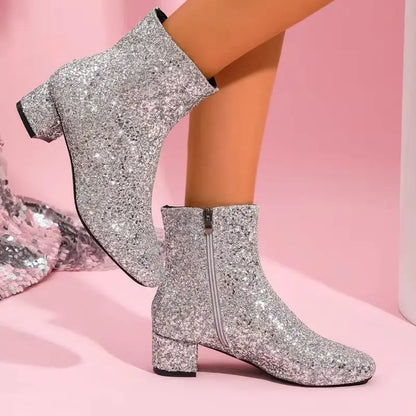 Bottes à paillettes et sequins pour femmes, avec fermeture éclair, talons épais, bottines à bout rond, chaussures de soirée pour femmes