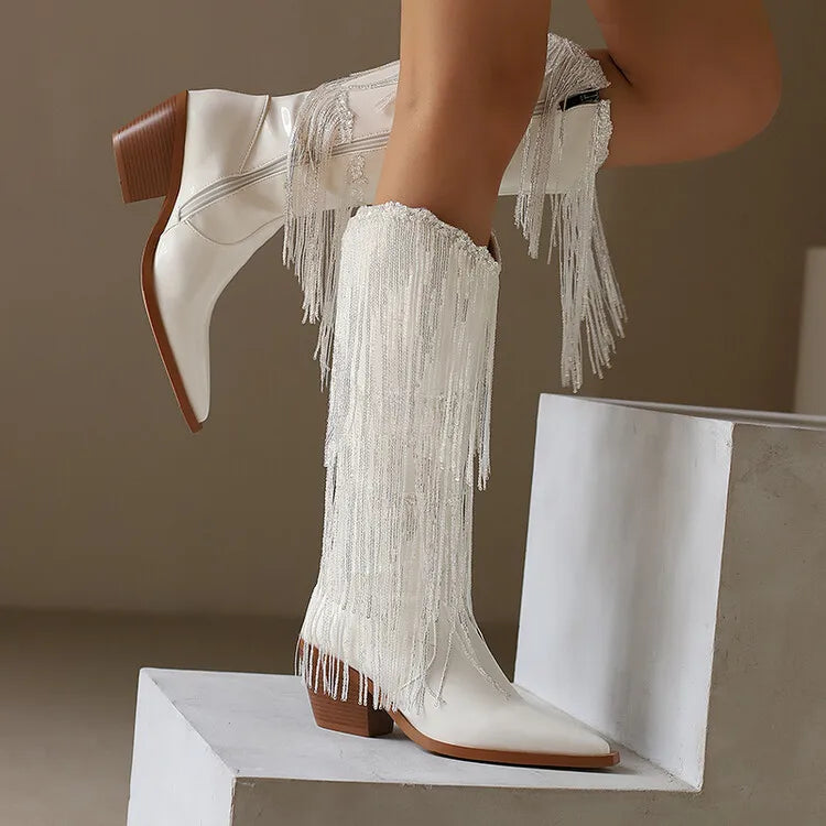 Bottes western à sequins et pompons, noires et argentées, courtes, en peluche, automne/hiver, talon de 6,5 cm, style bohème, hauteur genou, pointures 36 a 46.