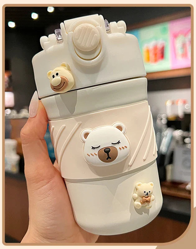450ML Mignonne Tasse à Café Thermos Double Boisson Ours avec Paille Gobelet Portable en Acier Inoxydable Bouteille Isotherme pour Enfants Filles