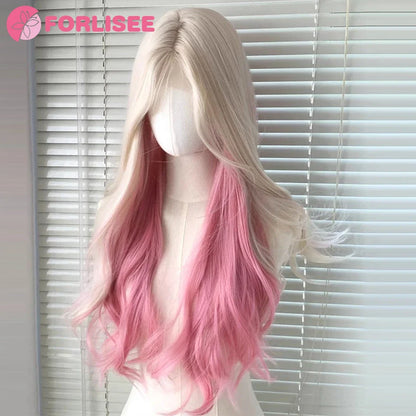 Pink Blonde Highlights Long Wavy Wig Synthetic Colorful Lolita Cosplay Hair Wigs with Bangs for Women Heat Resistant Daily Use