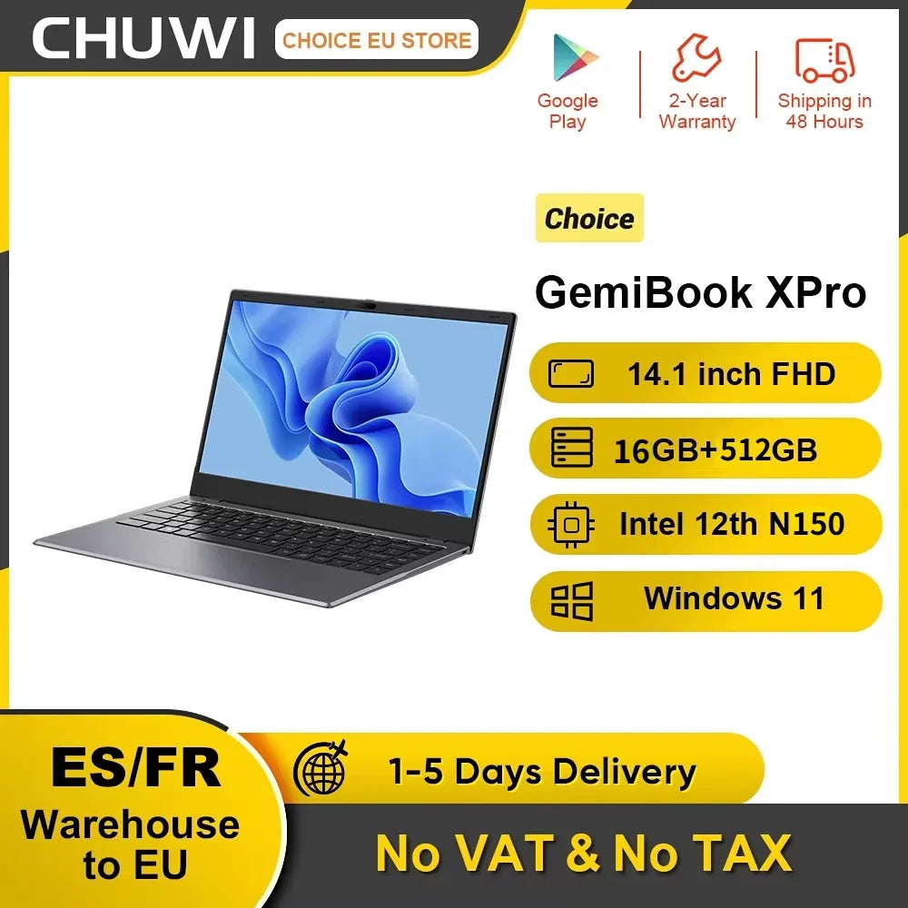 CHUWI GemiBook XPro 14.1 Inch Laptop Intel 12th N150 16GB DDR5 512GB SSD Windows 11 1920*1080 16:9 Screen WiFi 6 BT5.2 38Wh