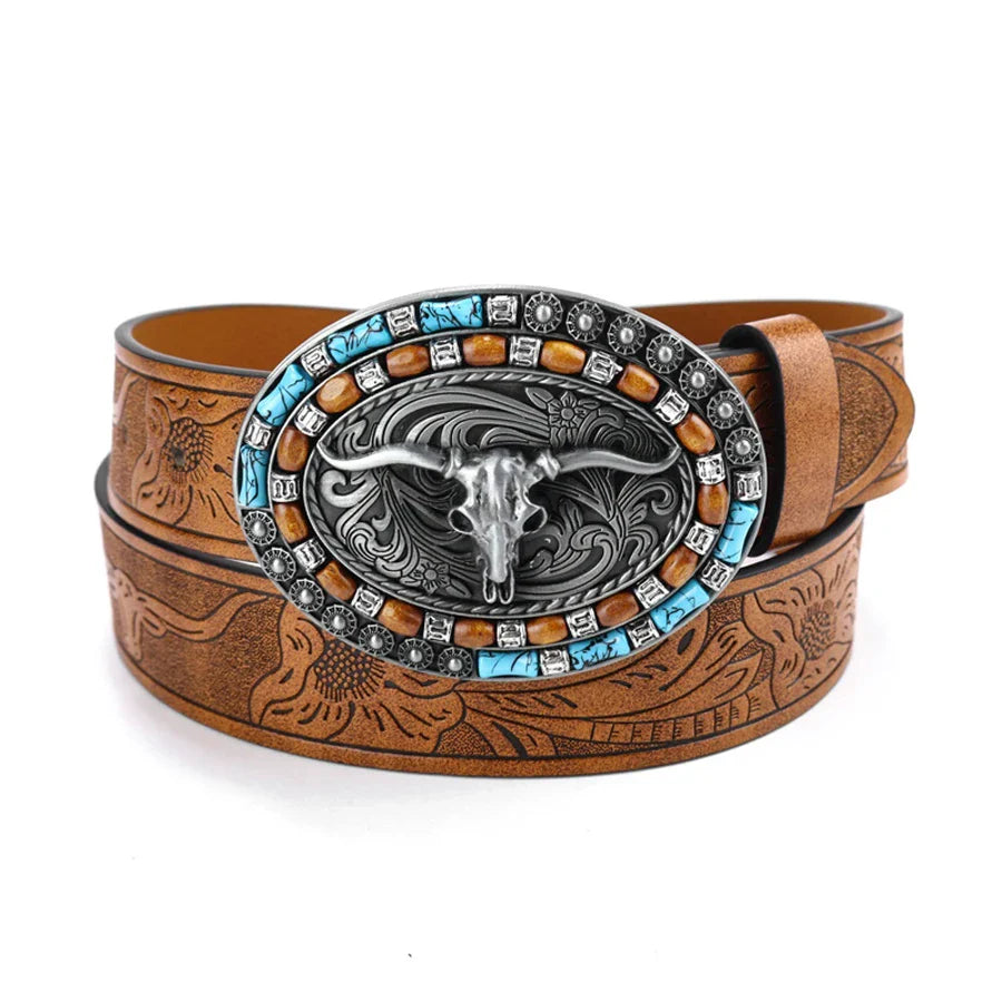 Western cowboy girl belt - Men's and women's turquoise embossed belt with long horn cow buckle suitable for 25-39