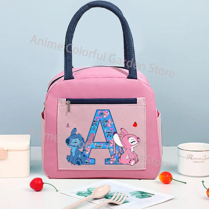 Anime Stitch High-capacity Lunch Bag Cartoon Letter A-Z Printed Insulated Box Picnic Portable Food Keep Fresh Handbag Bento Bags