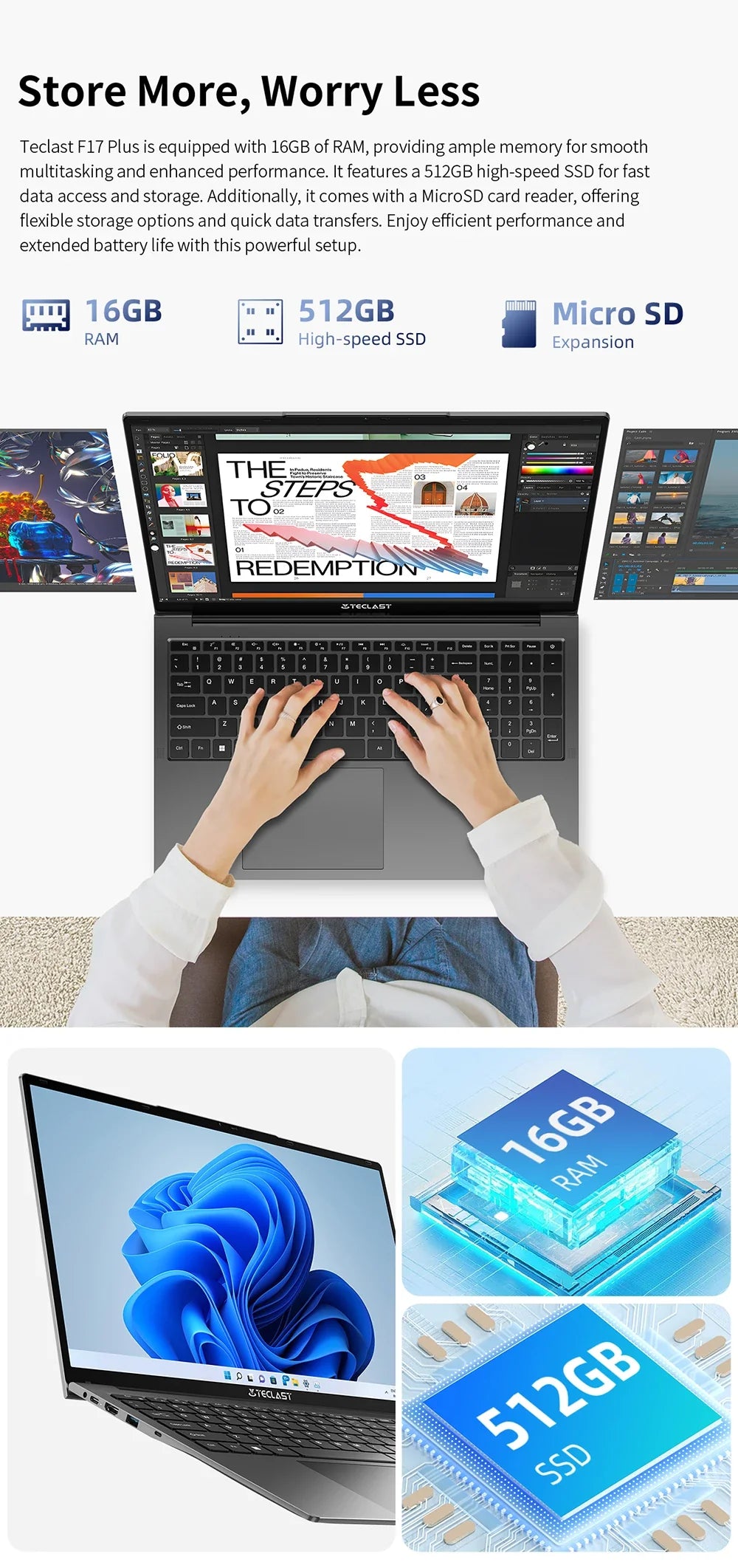 Teclast F17Plus Laptop 17.3 inch, 16GB RAM 512GB SSD, Intel N95, Windows 11 Pro Notebook, 180° Flip Laptops Computer, Backlit Keyboard, mini-HDMI，USB 3.2x3