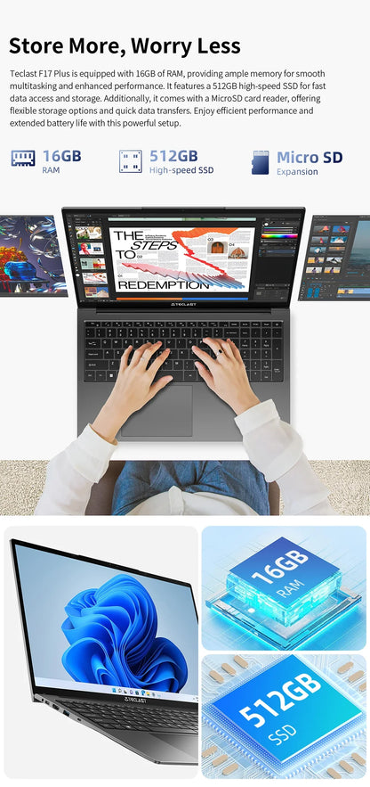 Teclast F17Plus Laptop 17.3 inch, 16GB RAM 512GB SSD, Intel N95, Windows 11 Pro Notebook, 180° Flip Laptops Computer, Backlit Keyboard, mini-HDMI，USB 3.2x3