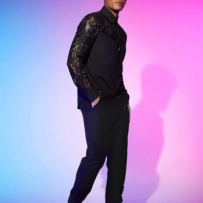 Chemise en dentelle brodée à manches longues pour hommes, cardigans à revers boutonnés, chemises transparentes sexy, mode printemps et automne