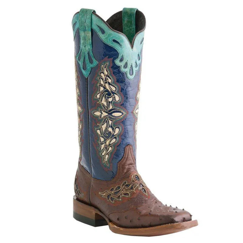 Autumn and Winter Women's Square Toe Thick Heel Colorful Patterned Knight Boots Embroidered Color-Blocked No Slip Women Boots