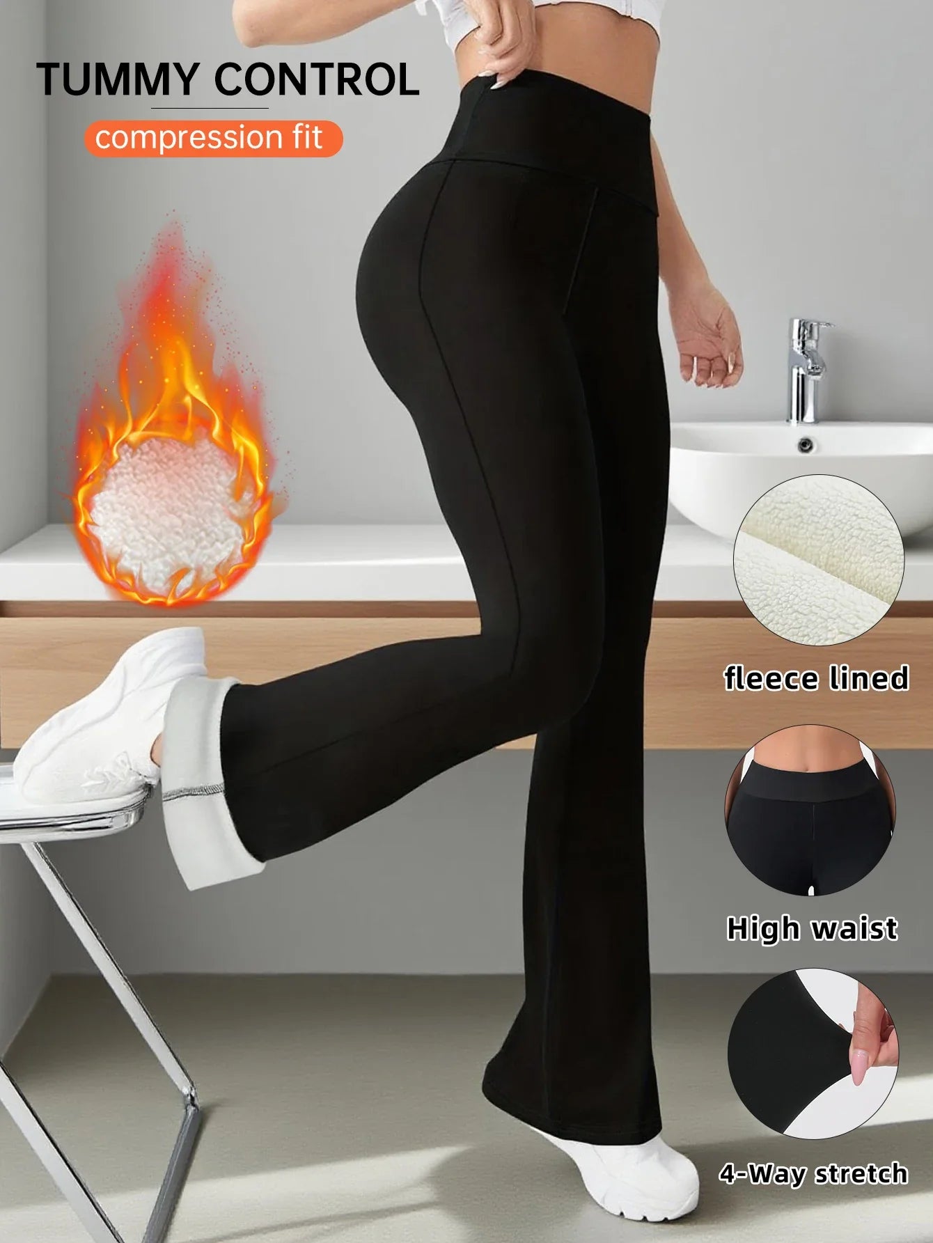 1 paire de pantalons évasés doublés de laine chaude pour femmes, leggings coupe-vent d'hiver, pantalons de cyclisme en plein air pour temps froid