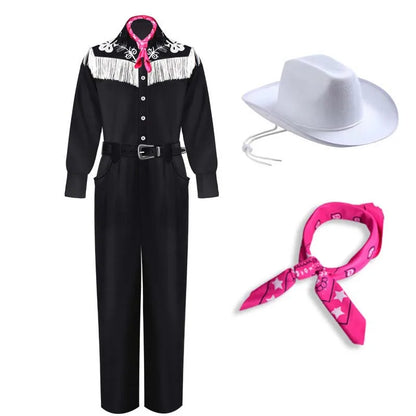 Costume de cowboy pour homme avec bandana, chemise à franges noires à manches longues, pantalon et chapeau, idéal pour Halloween ou cosplay adulte.