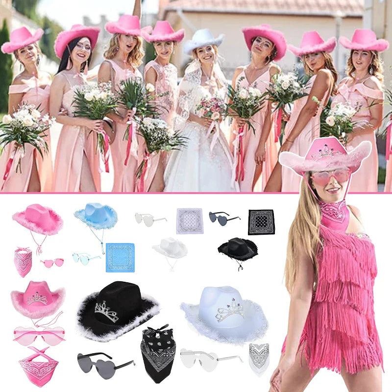 Ensemble de chapeaux de Cowboy roses, 3 pièces, chapeaux de fête d'enterrement de vie de jeune fille, chapeaux de Cowgirl occidentale en plumes, casquettes de Costume de fête + lunettes + mouchoir