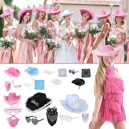 Ensemble de chapeaux de Cowboy roses, 3 pièces, chapeaux de fête d'enterrement de vie de jeune fille, chapeaux de Cowgirl occidentale en plumes, casquettes de Costume de fête + lunettes + mouchoir