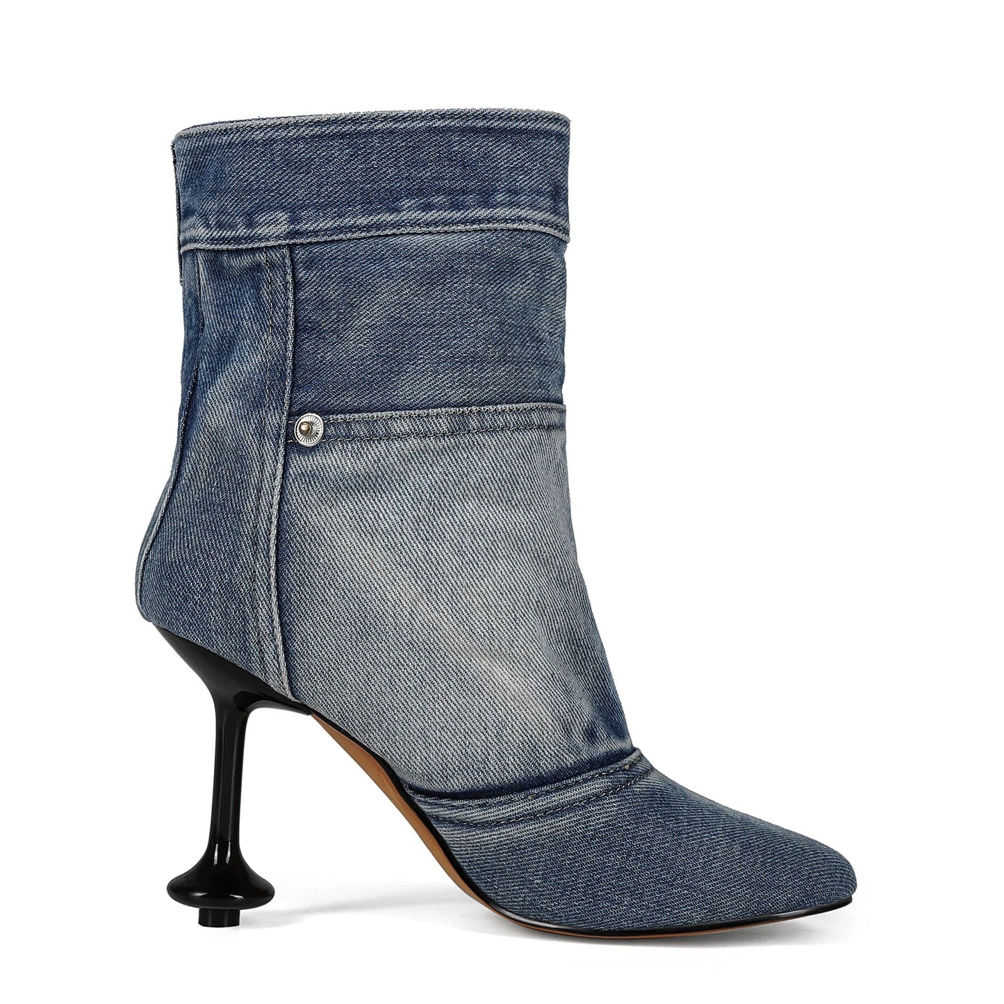 European and American Alien and Square Head Splicing Design Water Washed Cowboy Boots for Women's Trendy Side Zipper Short Boots