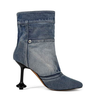 European and American Alien and Square Head Splicing Design Water Washed Cowboy Boots for Women's Trendy Side Zipper Short Boots