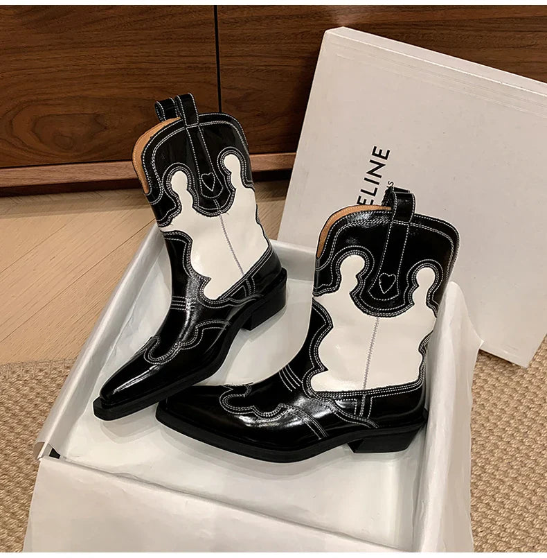 Bottes de cowboy Western Ods pour femmes en cuir véritable brodé, bout pointu, mi-mollet, style rétro, décontractées, de haute qualité