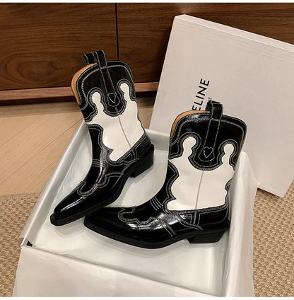 Bottes de cowboy Western Ods pour femmes en cuir véritable brodé, bout pointu, mi-mollet, style rétro, décontractées, de haute qualité