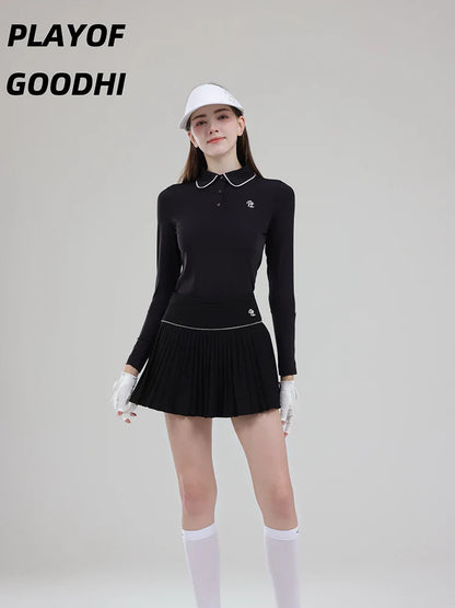 Vêtements de golf pour femme - T-shirt de golf à manches longues pour femme - Hauts de golf à col polo - Jupe plissée taille haute - Jupe-short de golf avec short intérieur