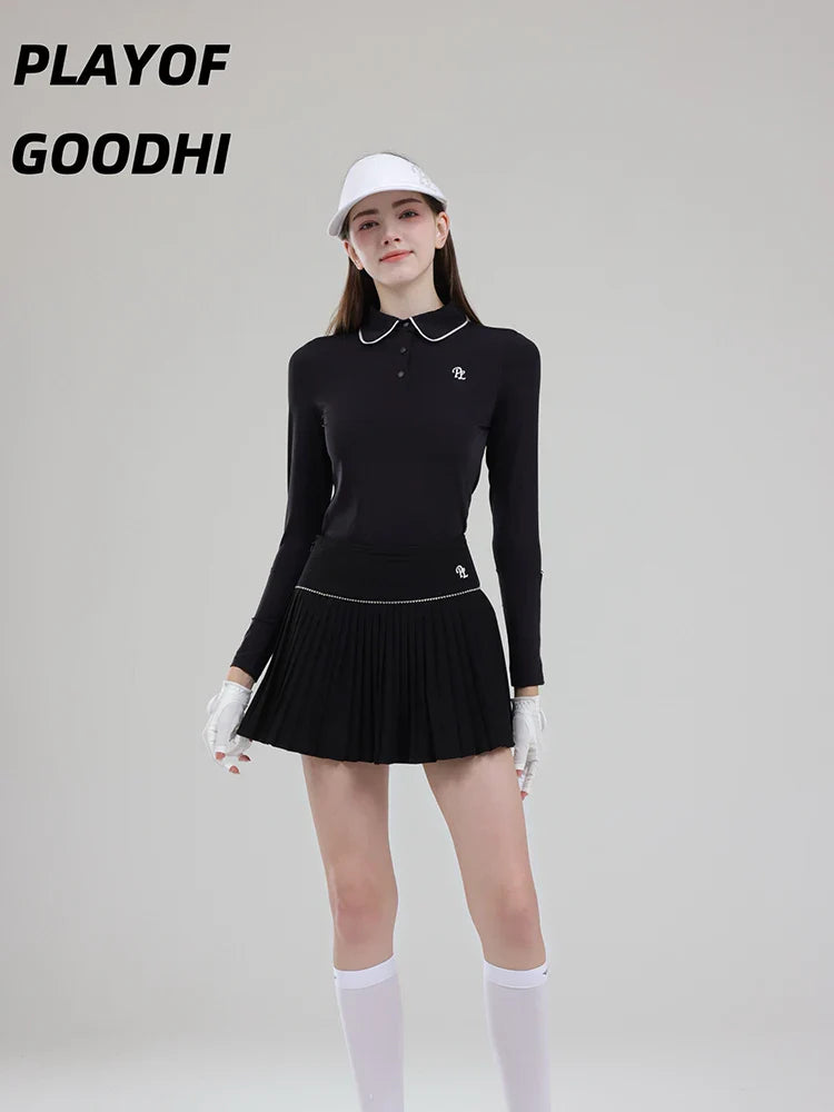 Female Golf Clothing Long Sleeve Golf T-shirt Women Polo Collar Golf Tops High-waist Pleats Skirt Golfer Skorts with Inner Short