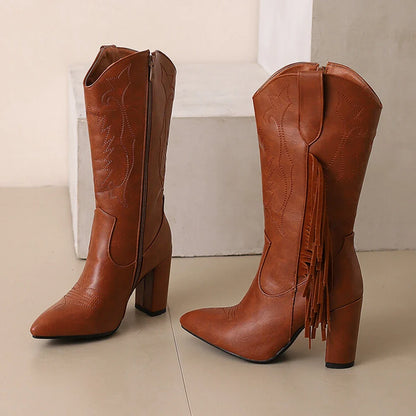 Botas De Mujer bottes De Cowboy occidentales brodées femmes mode pointu gland côté fermeture éclair genou bottes hautes chaussures gothiques 8508