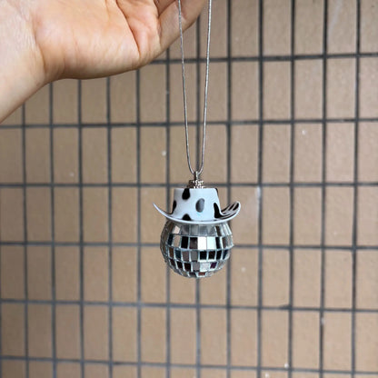 Chapeau de Cowboy Rose Vache Pendentif de Voiture Rétroviseur Boule Disco Bling Porte-clés Accessoires Western Décoration de Sac Rénovation de Voiture