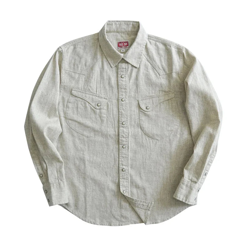 Chemise en lin Western Sle pour homme, décontractée, à manches longues, de couleur unie, coupe ample, col classique, boutonnée, tendance, kaki