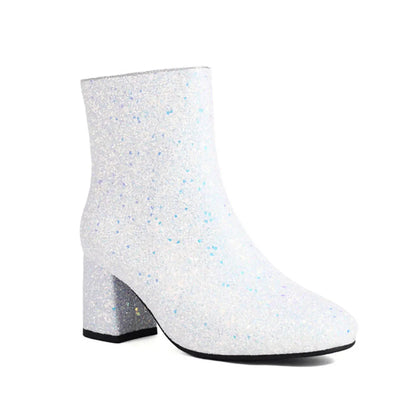 GIGIFOX Women Sequins Glitter Ankle Boots Chunky High Heel Side Zipper Shiny Fashion Shoe Sparkly Wedding Party Mid-Calf Booties