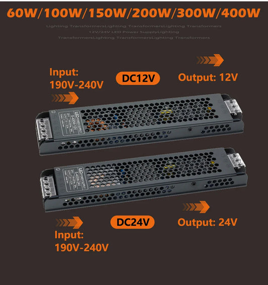 Transformateur d'éclairage LED, pilote 12V/24V, Source d'alimentation silencieuse 60W 100W 200W 300W 400W 190-240V, adaptateur convertisseur de bande LED