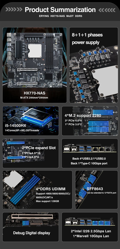Erying NAS Gaming Motherboard CPU Combo i5 14500HX Core processor 4*NVME 12*SATA 4*DDR5 2*PCIe4.0 1*10G Network Lan Mainboard