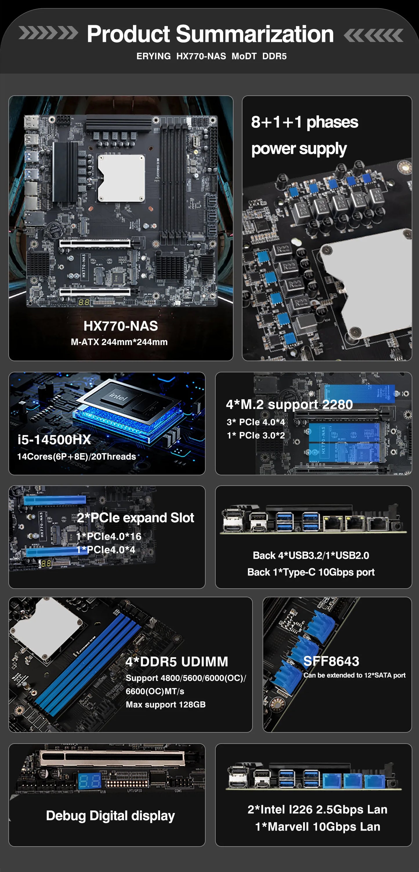Erying NAS Gaming Motherboard CPU Combo i5 14500HX Core processor 4*NVME 12*SATA 4*DDR5 2*PCIe4.0 1*10G Network Lan Mainboard