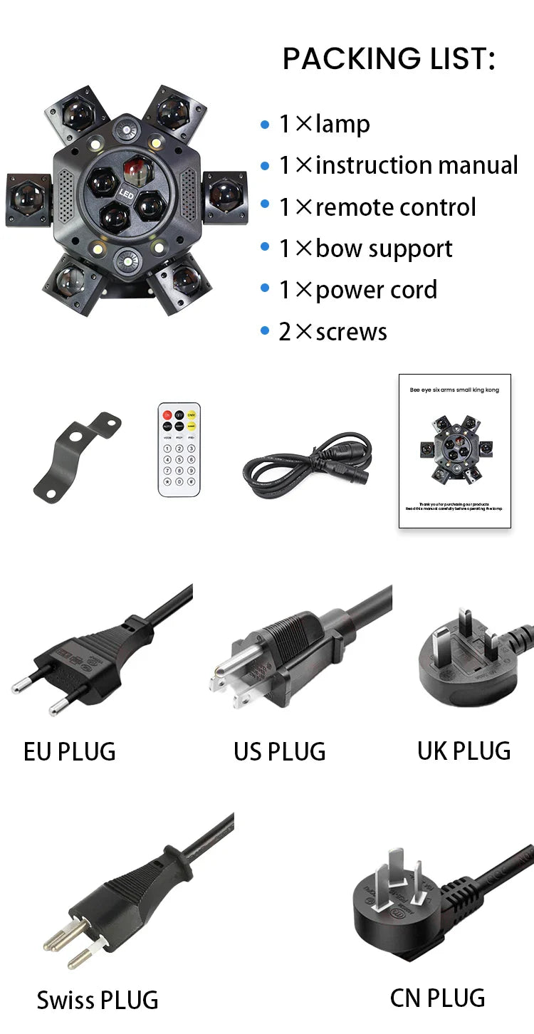 Projecteurs de scène à LED mobiles à 6 bras RGBW 150W Lyre Beam Lumières de fête avec télécommande Son DMX Disco DJ pour Karaoké Discothèque